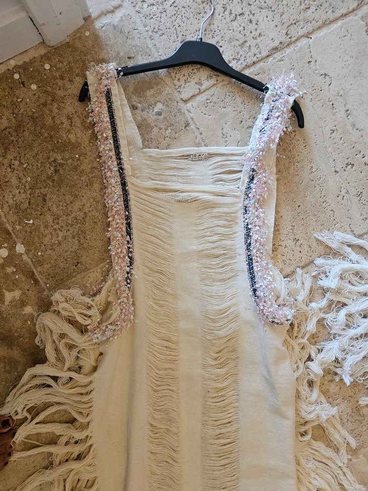 Kadın Beyaz Keten Uzun Drapeli Elbise - Görsel 3