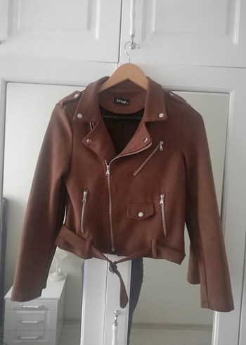 Kahverengi Kemerli Biker Ceket