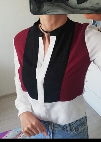 Bordo Siyah Beyaz Düğmeli Uzun Kollu Kadın Gömlek