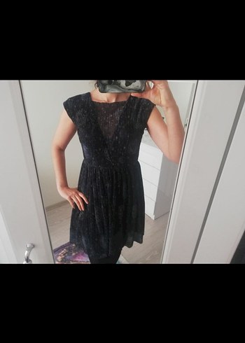 Siyah V Yaka Midi Drapeli Elbise - Görsel 2