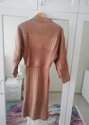 Bej Triko Askılı ikili takım Midi Elbise - Görsel 11