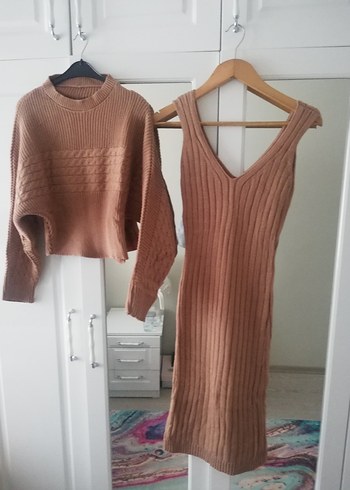 Bej Triko Askılı ikili takım Midi Elbise - Görsel 6