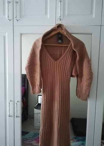 Bej Triko Askılı ikili takım Midi Elbise - Görsel 3