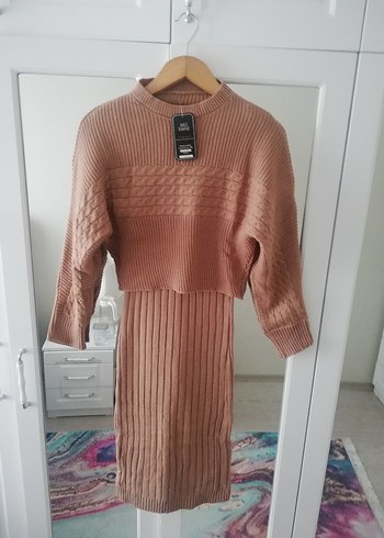 Bej Triko Askılı ikili takım Midi Elbise - Görsel 9