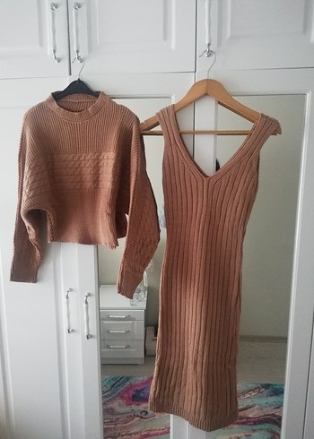 Bej Triko Askılı ikili takım Midi Elbise - Görsel 5