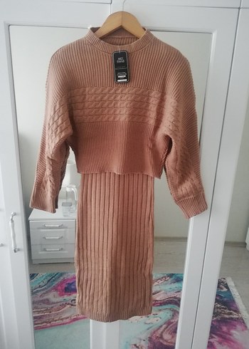Bej Triko Askılı ikili takım Midi Elbise - Görsel 10