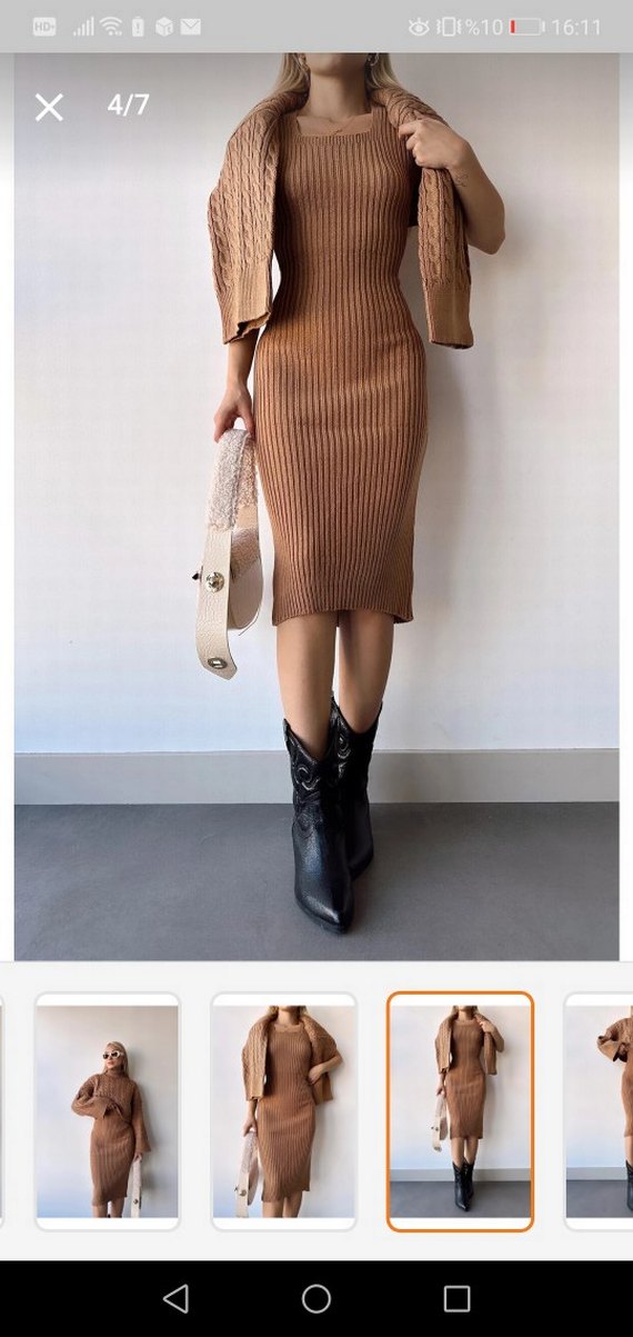 Bej Triko Askılı ikili takım Midi Elbise - Görsel 2