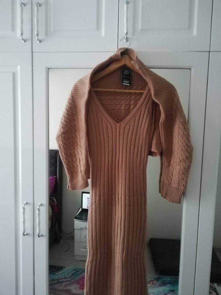 Bej Triko Askılı ikili takım Midi Elbise - Görsel 3