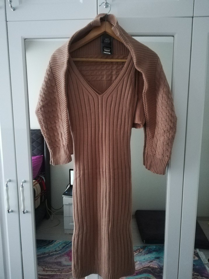 Bej Triko Askılı ikili takım Midi Elbise - Görsel 4