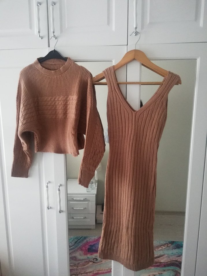 Bej Triko Askılı ikili takım Midi Elbise - Görsel 5