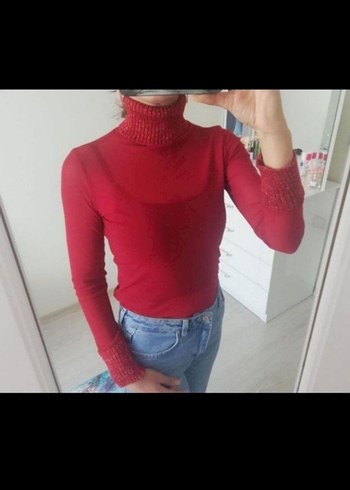 Kırmızı Bohem Balıkçı Yaka Triko Kazak s+m uyumludur - Görsel 6