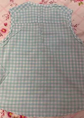 Turkuaz Ekose V Yaka Kolsuz Gömlek - Görsel 3