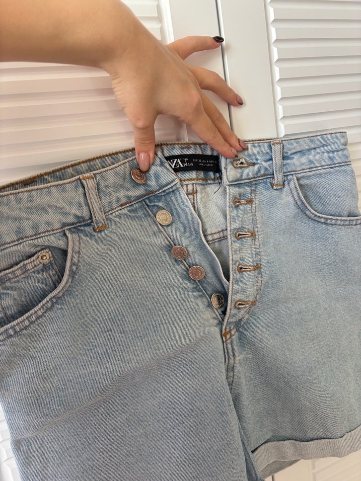 Düğmeli Mavi Midi Kot Şort - Görsel 4