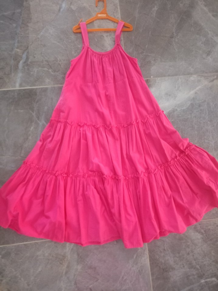 Pembe Uzun Askılı Fırfırlı Elbise - Görsel 2