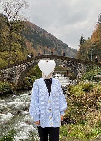 Mavi Örgü Midi Hırka, Yüksek Yaka, Salaş Kesim Bebe mavisi hırka