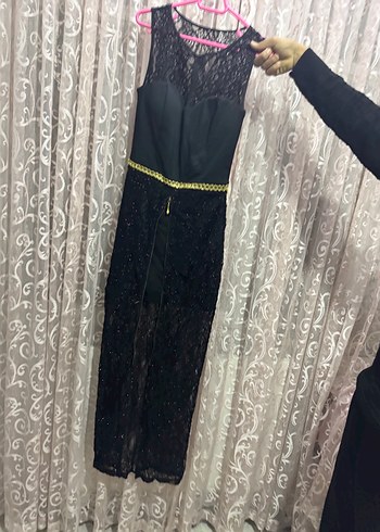 Siyah Dantel Detaylı Uzun Kadın Abiye Elbise - Görsel 3