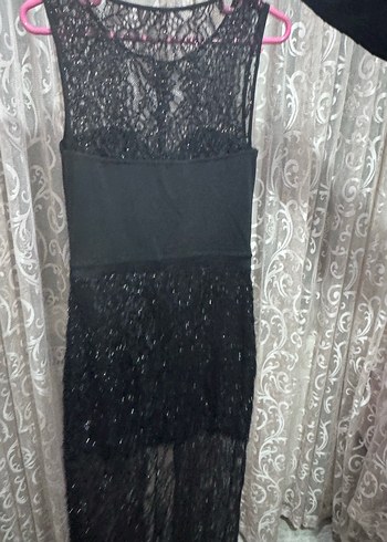 Siyah Dantel Detaylı Uzun Kadın Abiye Elbise - Görsel 5