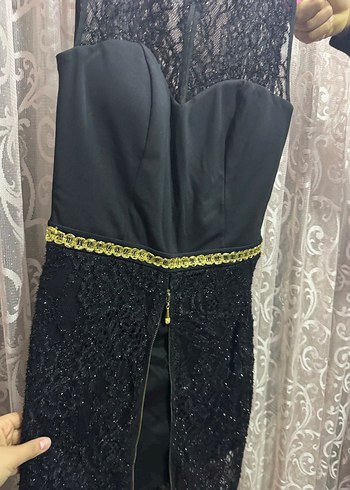 Siyah Dantel Detaylı Uzun Kadın Abiye Elbise - Görsel 4