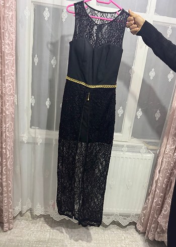 Siyah Dantel Detaylı Uzun Kadın Abiye Elbise - Görsel 2