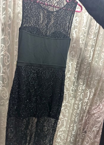 Siyah Dantel Detaylı Uzun Kadın Abiye Elbise - Görsel 7