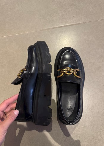 37 Beden altın Renk Platform Topuklu Tokalı Siyah Kadın Loafer