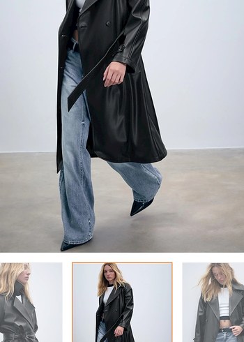 Kadın Siyah Deri Kemerli Uzun Trençkot - Görsel 2