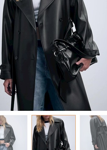 Kadın Siyah Deri Kemerli Uzun Trençkot - Görsel 3