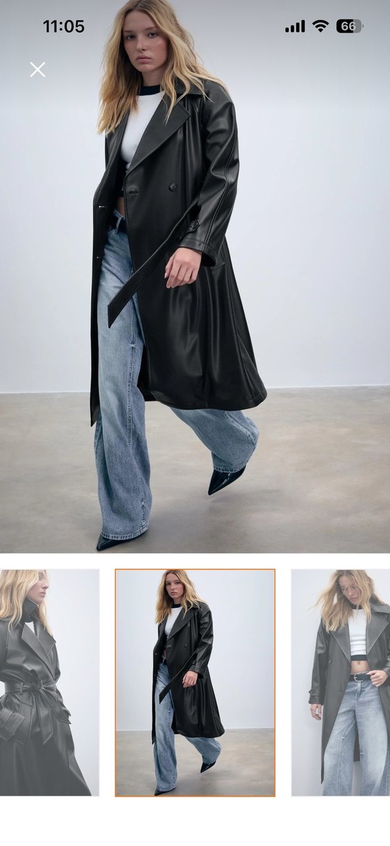 Kadın Siyah Deri Kemerli Uzun Trençkot - Görsel 2
