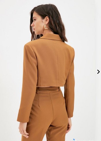 Düğmeli Kahverengi Kadın Blazer takım - Görsel 3