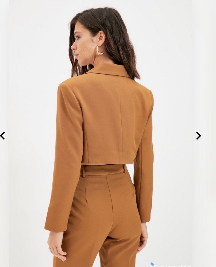 Düğmeli Kahverengi Kadın Blazer takım - Görsel 3