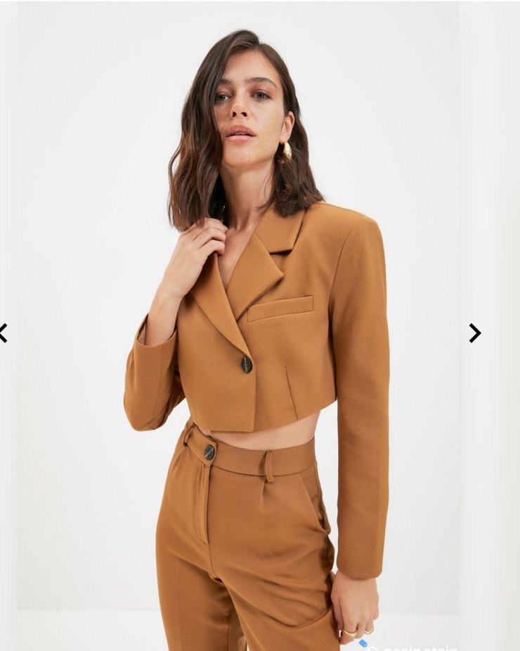 Düğmeli Kahverengi Kadın Blazer takım - Görsel 2