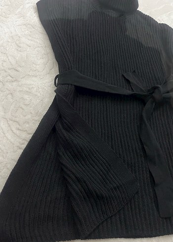 Siyah Kolsuz Boğazlı Kemerli Triko tunik - Görsel 2