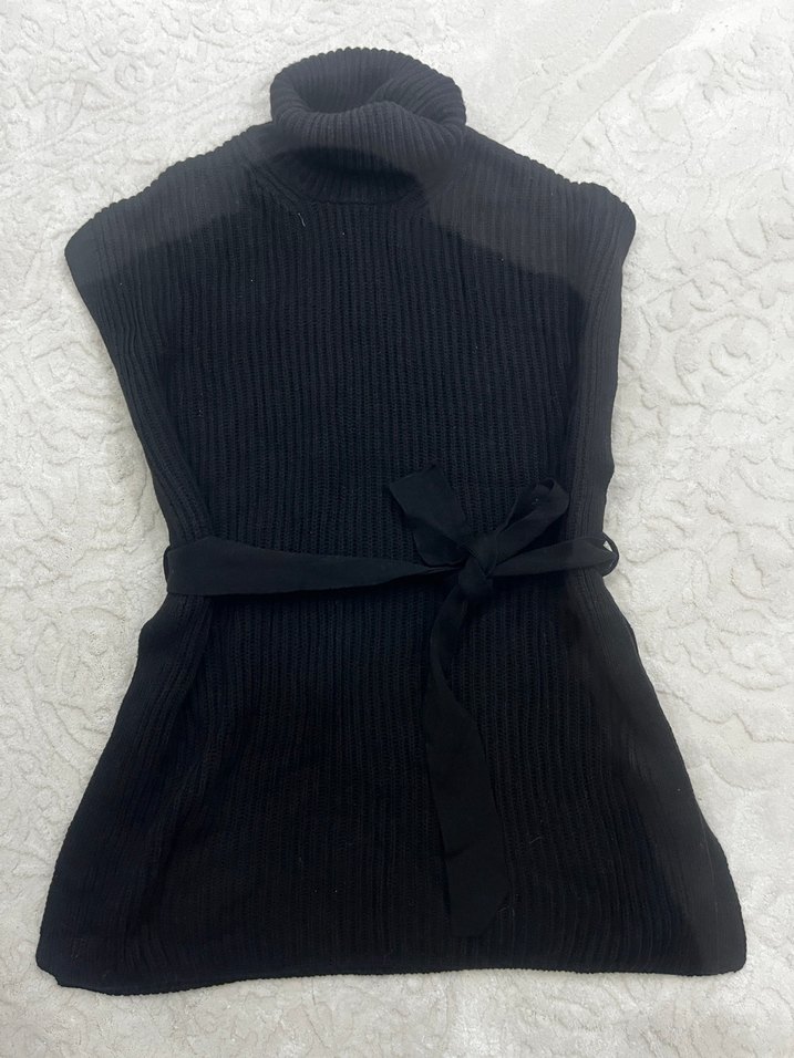 Siyah Kolsuz Boğazlı Kemerli Triko tunik - Görsel 4