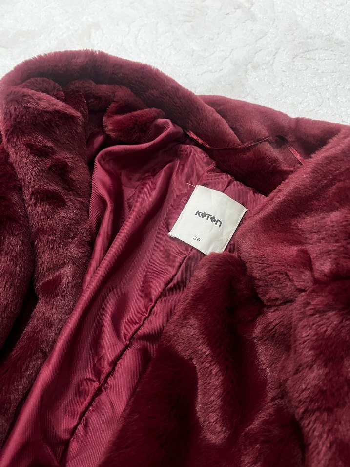 Bordo Midi Boy Kadın Kürk Mont - Görsel 2