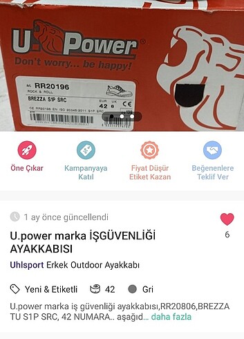 42 Beden gri Renk U power iş güvenliği ayakkabısı 42 numara