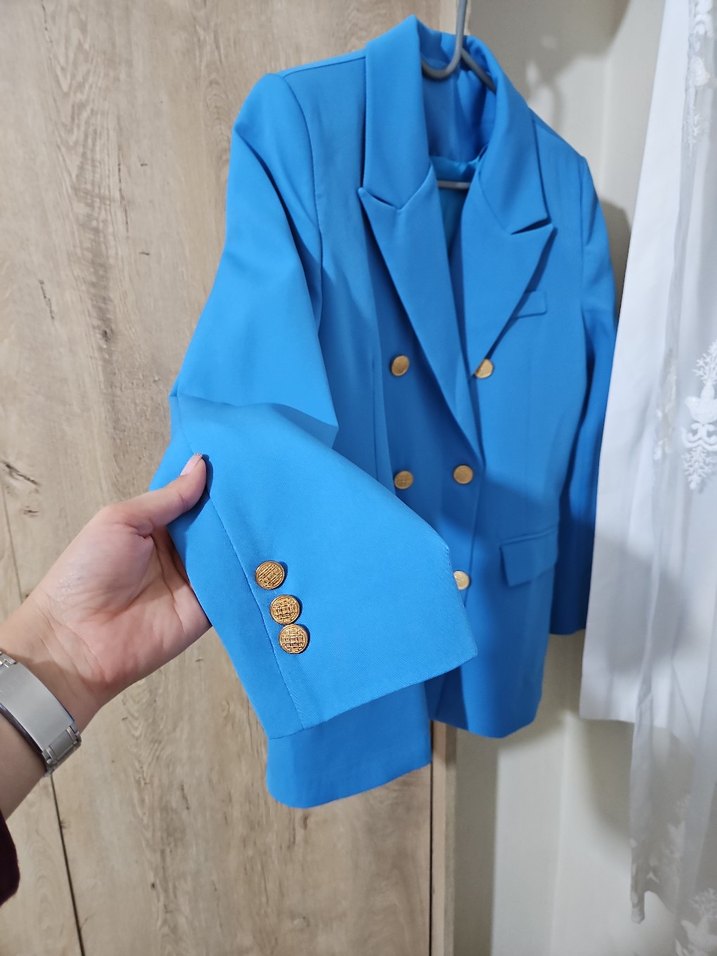 Düğmeli Mavi Kadın Blazer Ceket - Görsel 2