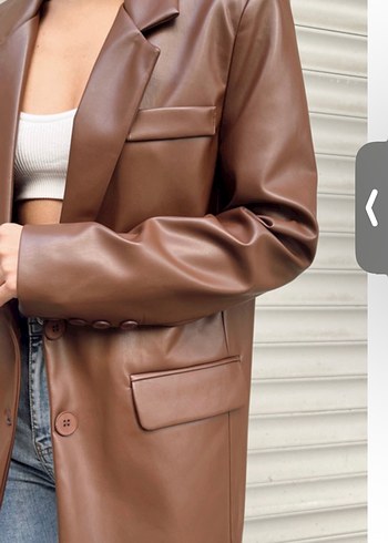 Düğmeli Kahverengi Deri Kadın Blazer - Görsel 2