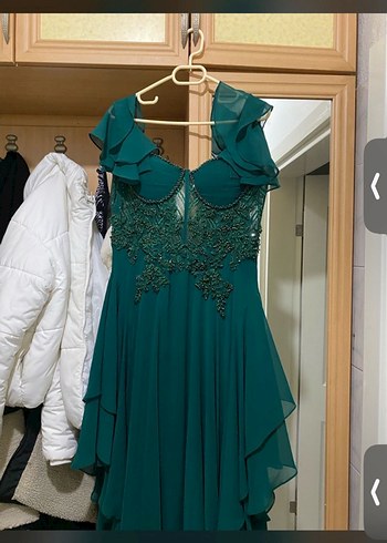 Yeşil İşlemeli Straplez Midi Abiye Elbise - Görsel 3