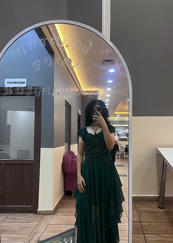 Yeşil İşlemeli Straplez Midi Abiye Elbise - Görsel 2