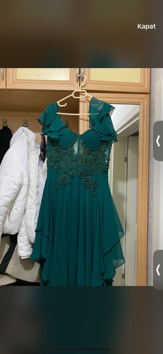 Yeşil İşlemeli Straplez Midi Abiye Elbise - Görsel 3