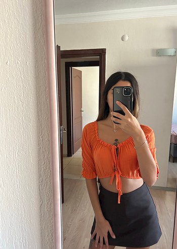 s Beden turuncu Renk Büzgülü Crop top