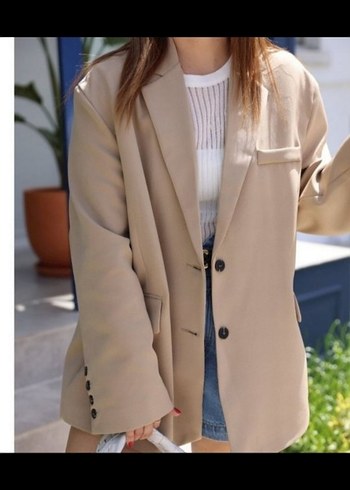 Düğmeli Bej Kadın Blazer Ceket - Görsel 2