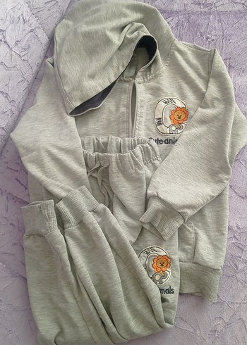 Gri Kapüşonlu Nakışlı 4-5 yaş çocuk Eşofmanı - Görsel 2