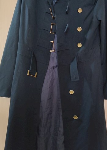 Lacivert Uzun Kadın Kaban - Düğmeli, Notched Yaka - Görsel 2