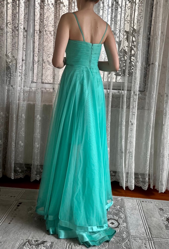 Mint rengi Drapeli Uzun Abiye Elbise - Görsel 2