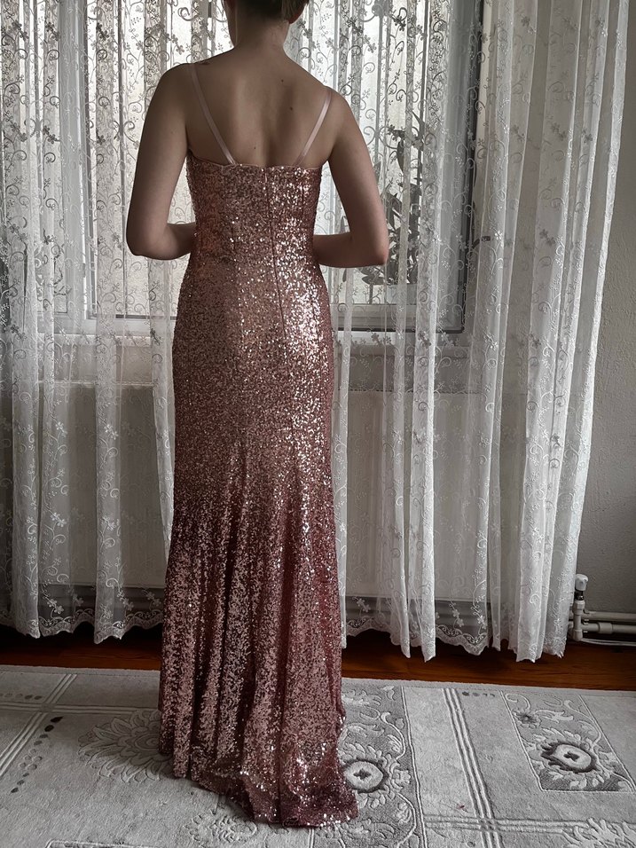 Somon rengi pullu Uzun  Abiye - Görsel 2