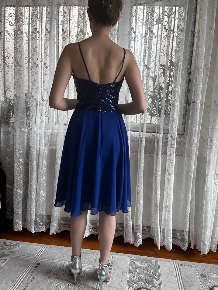 Lacivert Askılı Tül Midi Abiye Elbise - Görsel 2