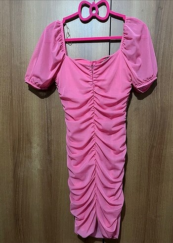 Pembe Drapeli Mini Kadın Elbise - Görsel 5