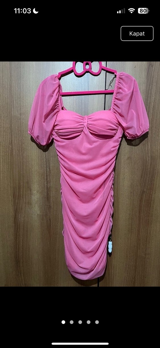 Pembe Drapeli Mini Kadın Elbise - Görsel 4