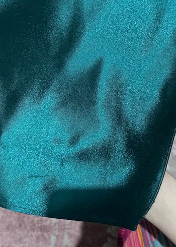 Saten Yeşil Drapeli Uzun Abiye Elbise - Görsel 5